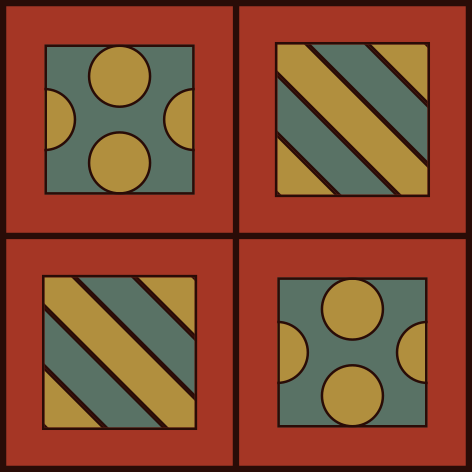 Un motif répétant des carrés contenant des cercles et des rayures.